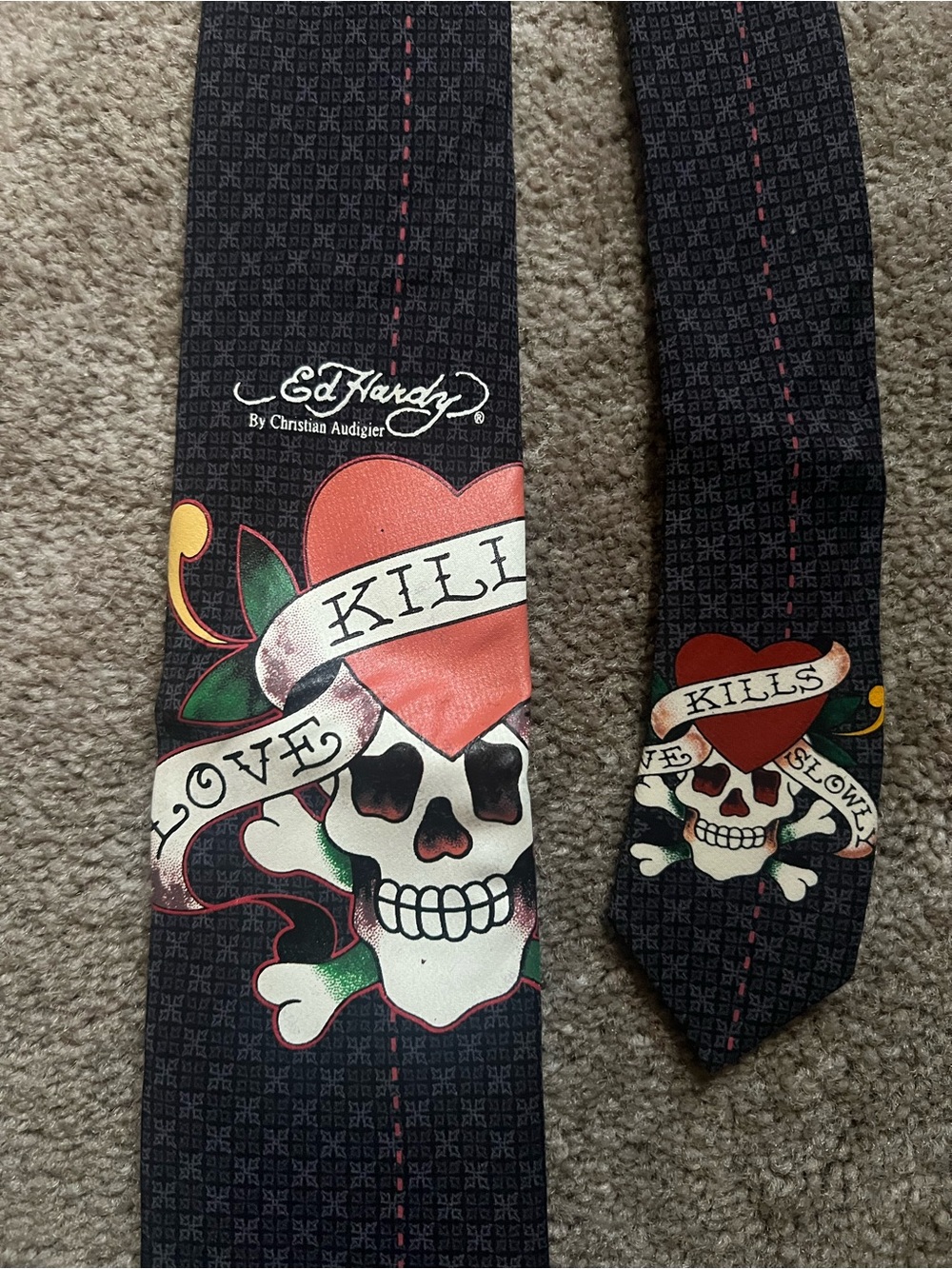 Ed Hardy Black Tie with Red Heart and White Skull Graphic